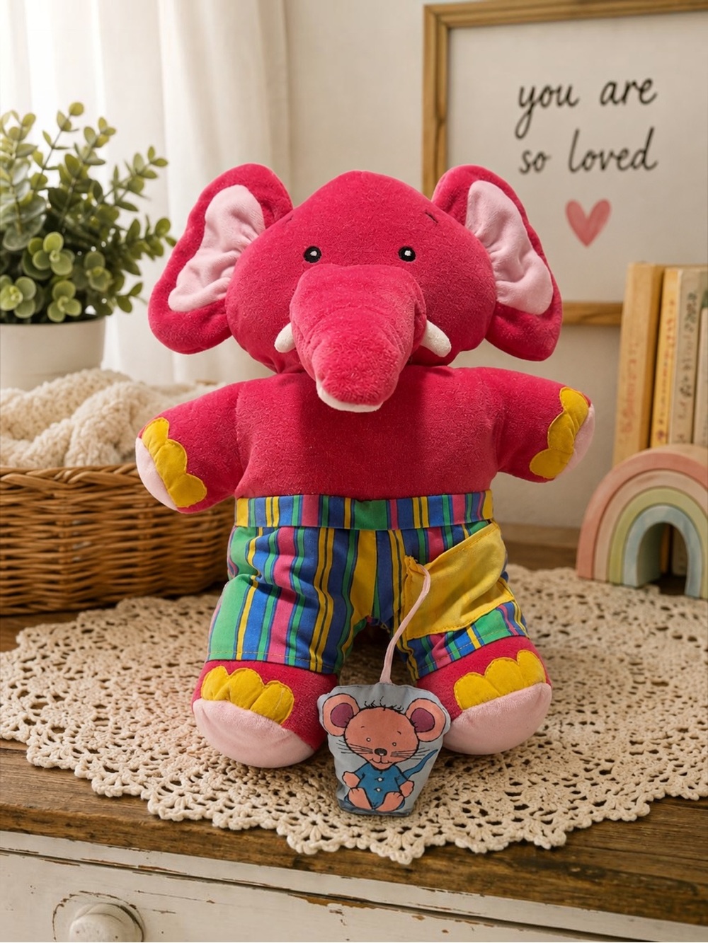Vtg Pink Elephant Plush Puppet Lovey Baby Toy Squeaky Trunk Crinkle Mouse 12”